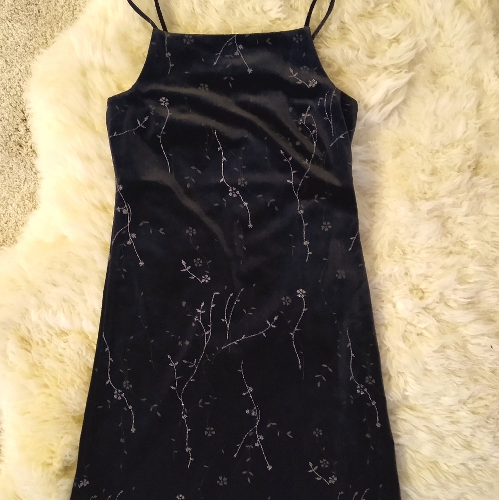 Black velvet spaghetti strap dress w/floral design